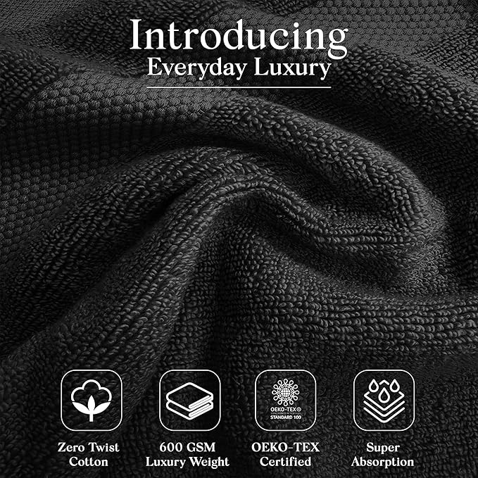 Premium Staple Cotton Bathroom Towel Set - Black 600 GSM 6-Piece Luxury Bath Towel Set 1 Stripe - 2 Bath Towels, 2 Hand Towels & 2 Washclothes Set - High Absorbent & Quick Dry for Gym, Spa, Hotel
