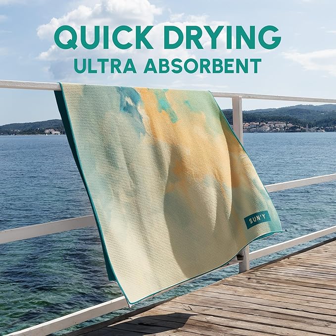 SUN'Y Waffle Microfiber Beach Towel – Sand Free, Quick Dry, Ultra Absorbent, Lightweight & Compact Travel Towel with Carry Bag - Large (63” x 31.5”), Laguna