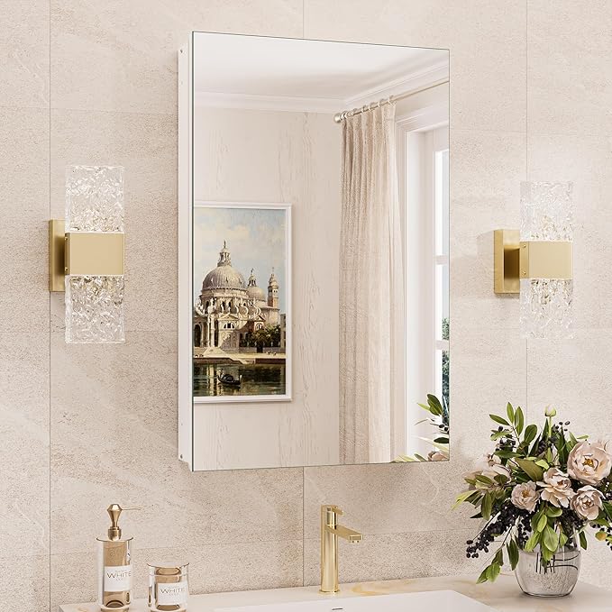 TokeShimi 16x26 Farmhouse Medicine Cabinet Recessed or Surface Mount Aluminum, Tempered Mirror with Adjustable Storage, White Bathroom Mirror Medicine Cabinet Frameless Metal Modern