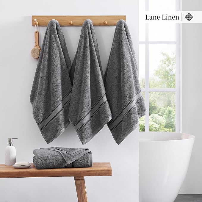 LANE LINEN 100% Cotton 4 Pack Bath Towels Set (28"x54") - Zero Twist, Large Cotton Towels for Bathroom - Quick Dry, Soft & Absorbent Bath Towel Set - Remains Soft After Multiple Washes - Cool Grey
