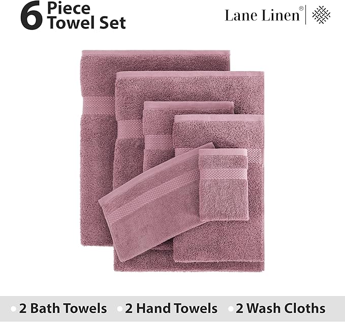 LANE LINEN 100% Mercerized Cotton Bathroom Towel Set - 6 Pcs - Ring Spun, Fluffy, Soft & Highly Absorbent - 2 Bath, 2 Washcloths, 2 Hand Towels - Avaialable in Wide Variety of Colours - Wishful Mauve