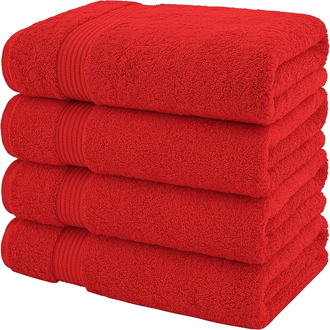 American Veteran Towel, 100% Cotton Turkish Bath Towels for Bathroom 4 Pack, 27x54 Extra Large Premium Soft Drying Bathroom Towels, Red