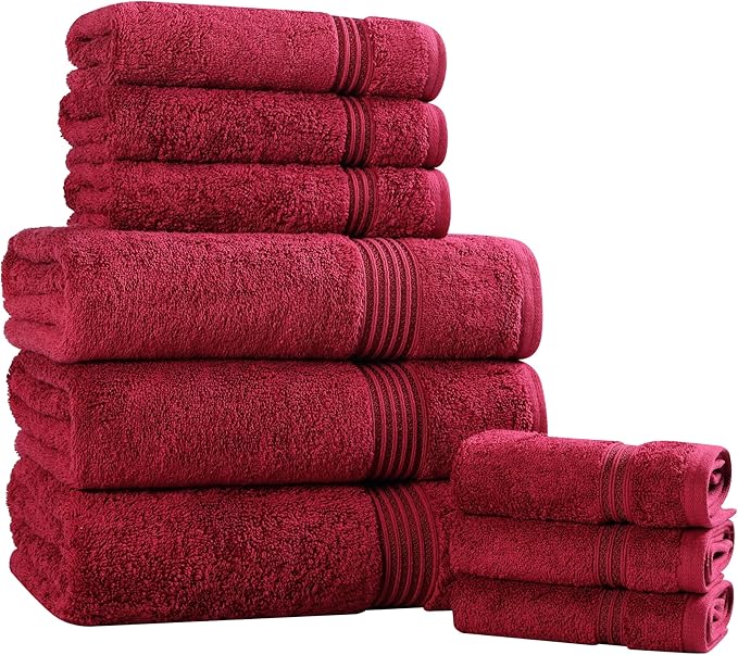 Superior Egyptian Cotton 9-Piece Towel Set, Assorted Towels for Home Bathroom, Guest Bath Decor Essentials, Includes 3 Bath, 3 Hand, 3 Face Towels/Washcloths, Quick Dry, Absorbent - Burgundy