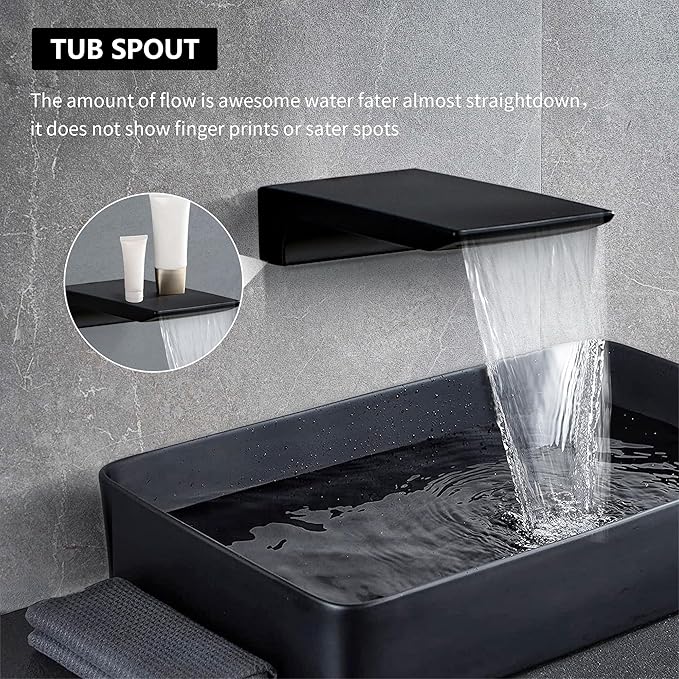 Shower Faucet Set Complete Matte Black Shower System with 12 inch Square Rainfall Shower Head 3-Function Handheld Shower Waterfall Bathtub Spout Rain Shower Combo Set Bathroom Wall Mounted