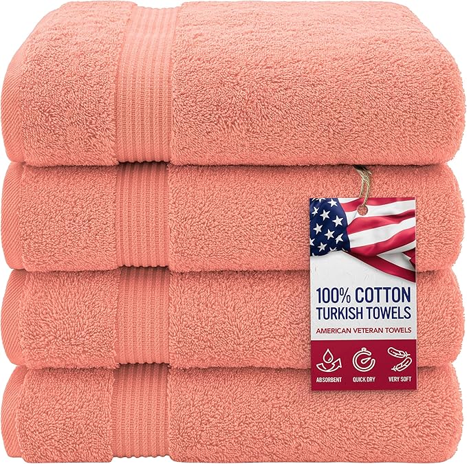 American Veteran Towel, 100% Cotton Turkish Bath Towels for Bathroom 4 Pack, 27x54 Extra Large Premium Soft Drying Bathroom Towels, Coral