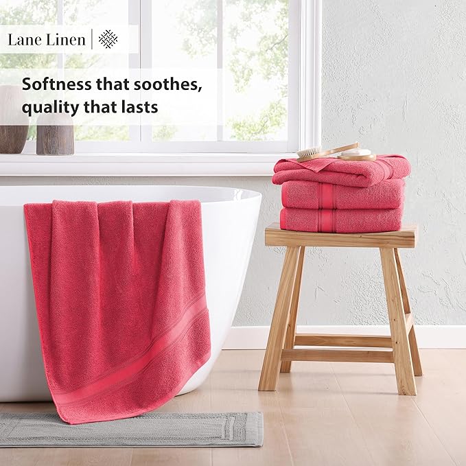 Lane Linen 100% Cotton Large Bath Towels Set of 4 (28"x54") - Zero Twist, Mercerized Cotton Bathroom Towel Sets - Quick Dry, Soft & Absorbent Large Towels Set - Dorm Essentials for Girls - Honeysuckle