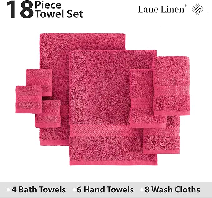 LANE LINEN 100% Ring Spun Cotton Luxury Bath Towel Set - 18 PCs - 4 Bath Towels, 8 Washcloths & 6 Turkish Hand Towels for Bathroom - Sustainably Produced, Ultra Soft & Absorbent - Fuschia