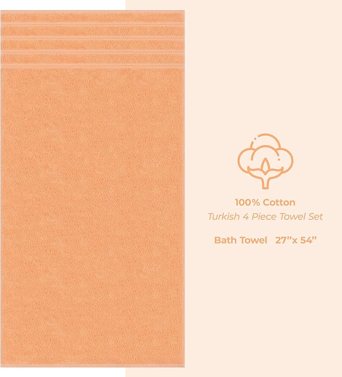 American Soft Linen Luxury 4 Piece Bath Towel Set, 600 GSM 100% Cotton Turkish Bath Towels for Bathroom, 27x54 in Extra Large Bathroom Shower Towels, Malibu Peach