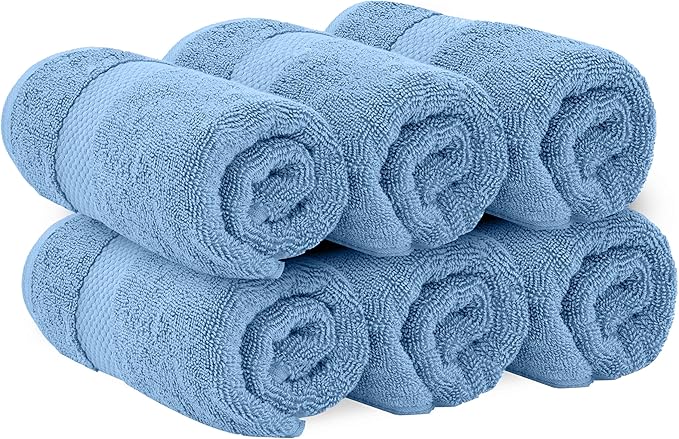 White Classic Luxury Light Blue Hand Towels - Soft 100% Turkish Cotton | Highly Absorbent Hotel spa Bathroom Towel Collection | 16x30 Inch | Set of 6