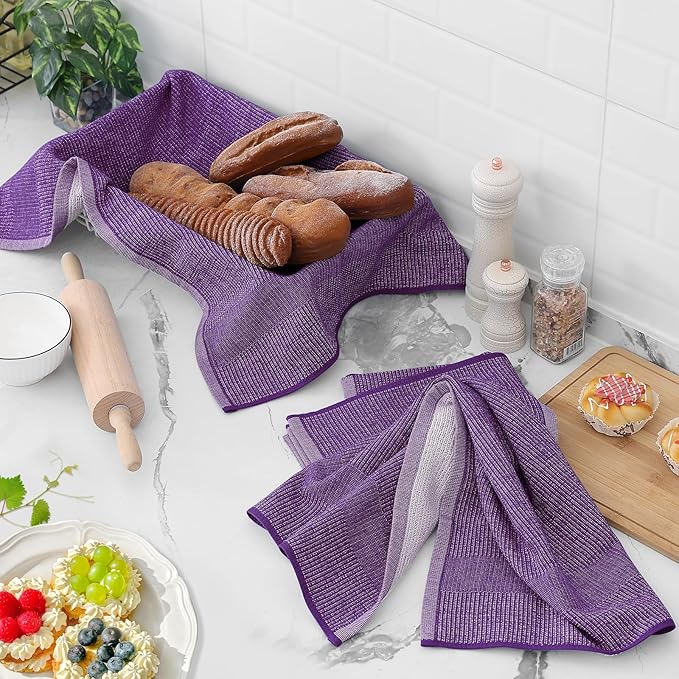 Homaxy Premium Kitchen Towels(18”x 28”, 6 Pack), Large Cotton Kitchen Hand Towels, Flat and Terry Dish Towels, 380 GSM Highly Absorbent Tea Towel Set with Hanging Loop, Purple