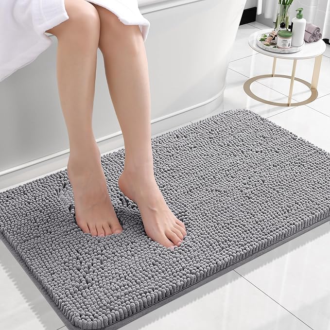 OLANLY Bathroom Rugs 24x16, Extra Soft Absorbent Chenille Bath Rugs, Rubber Backing Quick Dry, Machine Washable Bath Mats for Bathroom Floor, Tub and Shower, Home Decor Accessories, Grey