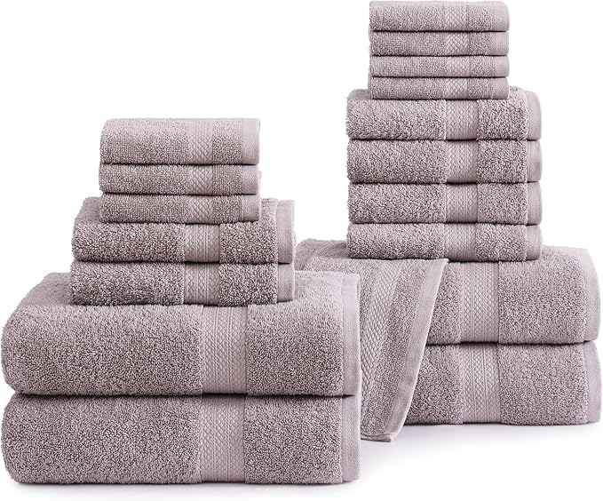 LANE LINEN Ring Spun Cotton Bath Towel Set, 18PCs - 4 Shower Towels, 8 Washcloths, 6 Hand Towels for Bathroom - Machine Washable & Sustainably Produced, Ultra Soft - Platinum