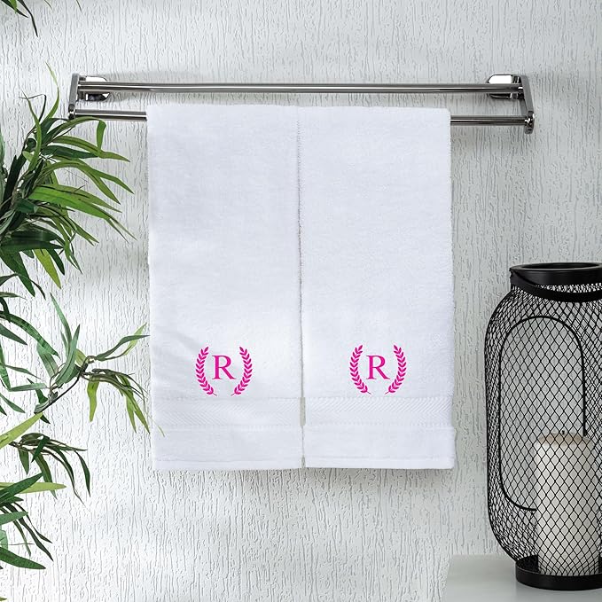Monogrammed Hand Towels for Bathroom Makeup, Personalized Turkish Cotton Towel with Embroidery, Gift for Weddings, Housewarming, Anniversaries, and Bridal Showers, Set of 2 (Hot Pink, Initial R)
