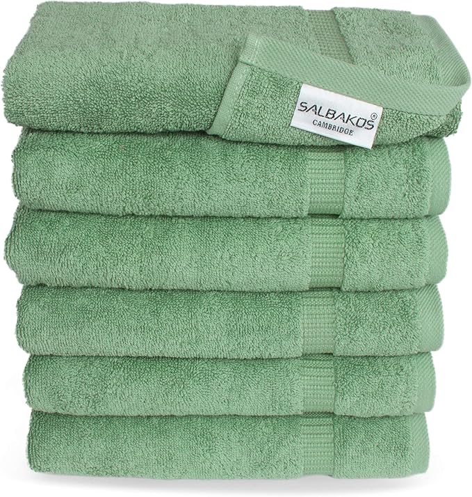 SALBAKOS 100% Turkish Cotton Hand Towel Set of 6 16x30 inch | Heirloom Quality | Hotel & Spa Collection | Ultra Soft, Super Absorbent, Long Lasting Hand Towels | Made in Turkey (Green, 6 Hand Towels)