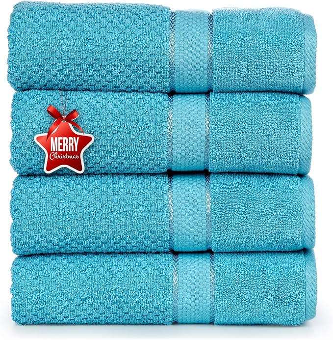 Ample Decor 100% Cotton Hand Towel for Bathroom Set of 4 - Popcorn Textured Towels - 18 X 28 Inch Sky Blue