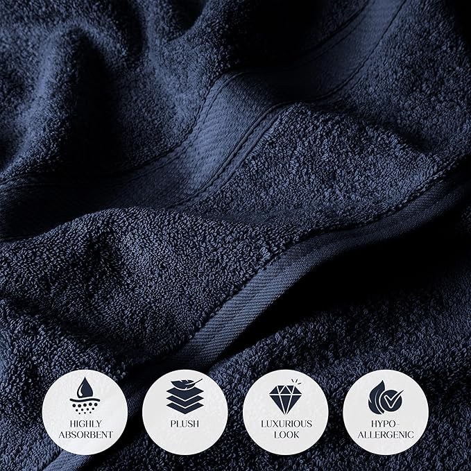 Superior Egyptian Cotton Pile Bath Towel Set of 2, Ultra Soft Luxury Towels, Thick Plush Essentials, Absorbent Heavyweight, Guest Bath, Hotel, Spa, Home Bathroom, Shower Basics, Navy Blue