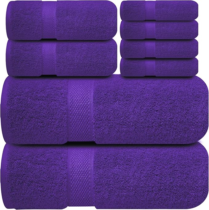 Infinitee Xclusives Luxury 100% Cotton Towel Set – 8 Piece Bathroom Towel Set (2 Bath Towels, 2 Hand Towels, 4 Washcloths) – Soft & Absorbent Towels for Bathroom (Profound Purple)