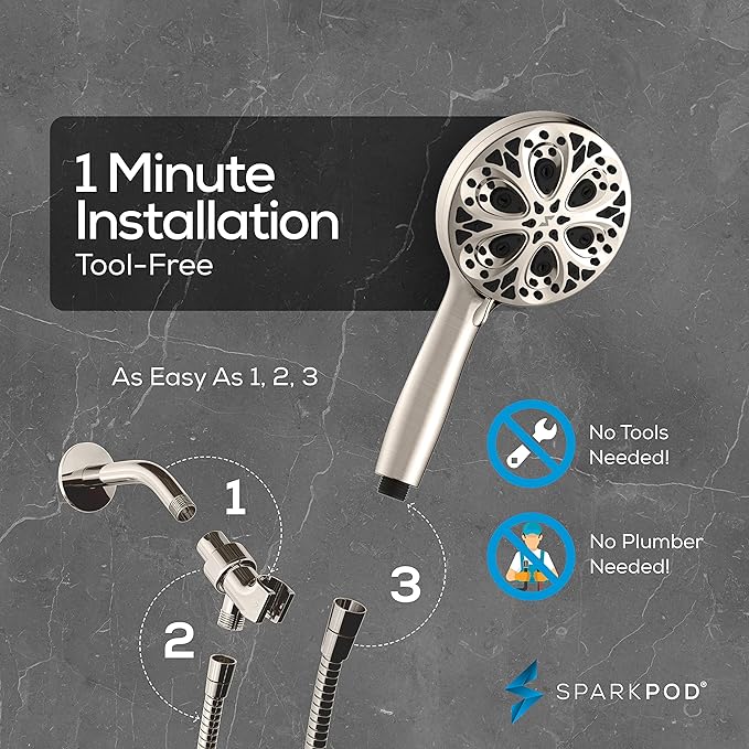 SparkPod 10-Mode Handheld Shower Head with Hose - 5" High Pressure Shower Head Set with Touch-to-Clean Nozzles, Built-In Power Jet, Stainless Steel 6ft Hose & Bracket (Brushed Nickel)