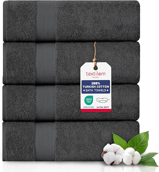 TEXTILOM Bath Towel Set – Hotel and Spa Quality & Soft & Absorbent & Quick Dry Bath Towels for Bathroom – 100% Turkish Cotton Bathroom Towels Set of 4 (27 x 54 inches)- Black