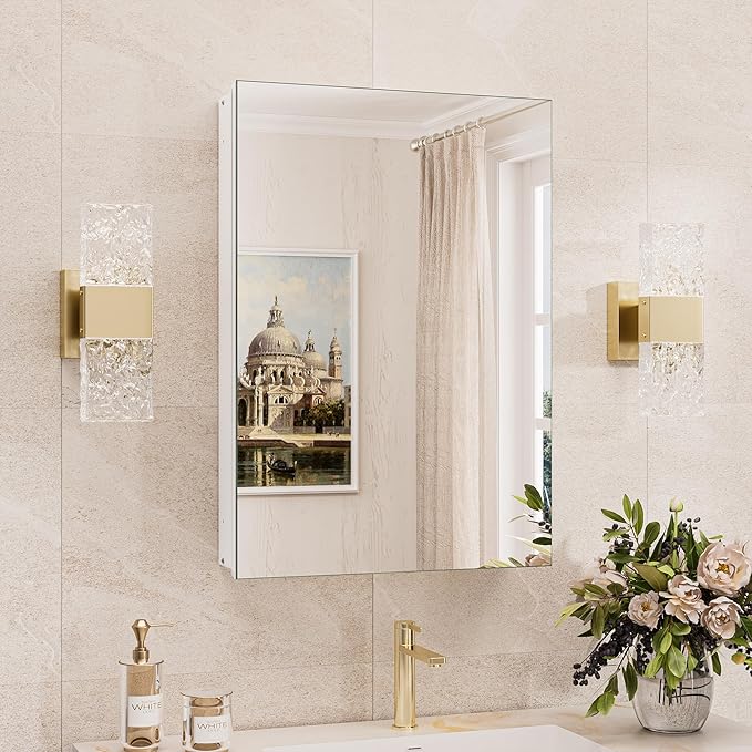TokeShimi 16x24 Bathroom Medicine Cabinet with Mirror Tempered, Aluminum White Mirrored Medicine Cabinet Recessed or Surface Mount with Adjustable Storage Metal for Modern Farmhouse