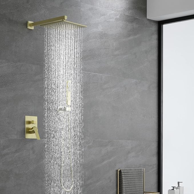 SHAMANDA Brass Rainfall Shower System, Luxuly Bathroom Shower Faucet Combo Set Brushed Gold(Including Rough-In Valve Body and Trim), L70001-3