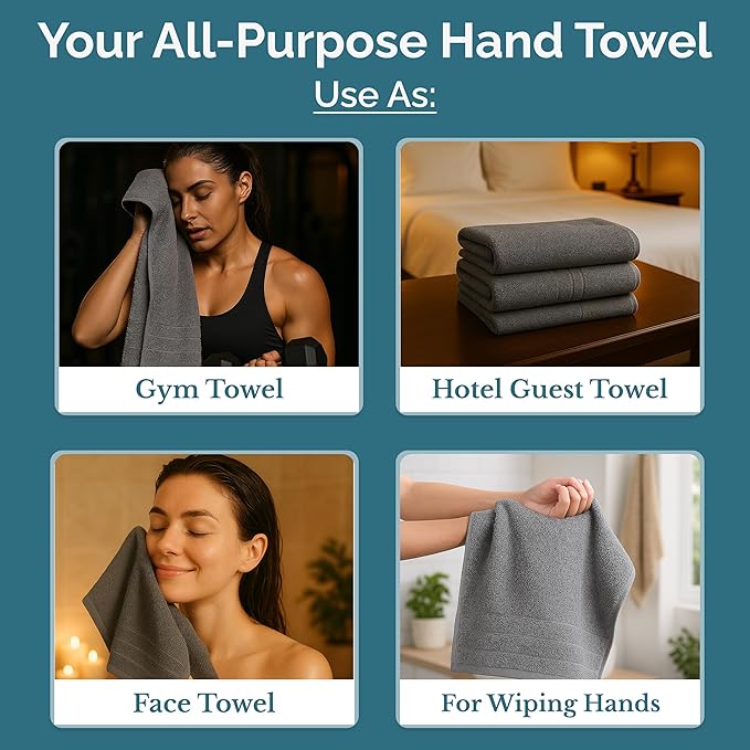Casa Platino 100% Mercerized Cotton Hand Towels for Bathroom (16"x28") - Spa & Hotel Quality - Ring Spun - Quick Dry, Soft & Absorbent Bath Hand Towel Set of 6 - Pet Friendly, Pre Shrunk - Cool Grey