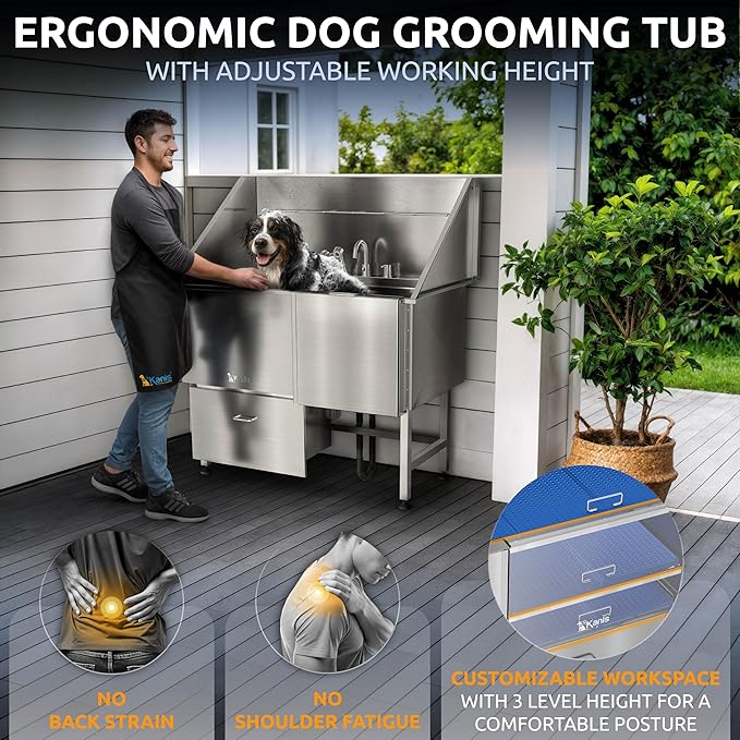 KANIS Professional Dog Washing Station - 304 Stainless Steel Pet Wash Sink & Grooming Bathtub w/Shower, Floor Grates and Storage for Large, Medium & Small Pets (50", 1 Drawer - Right Ramp)
