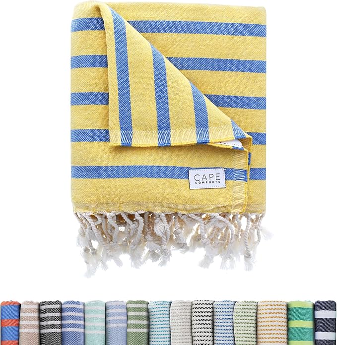 Oversized Turkish Beach Towel, Striped Pale Yellow & Powder Blue - 37'' x 67'' - Super Soft & Lightweight - Quick Dry Sand Free Travel Towels for Beach or Bath - Gifts