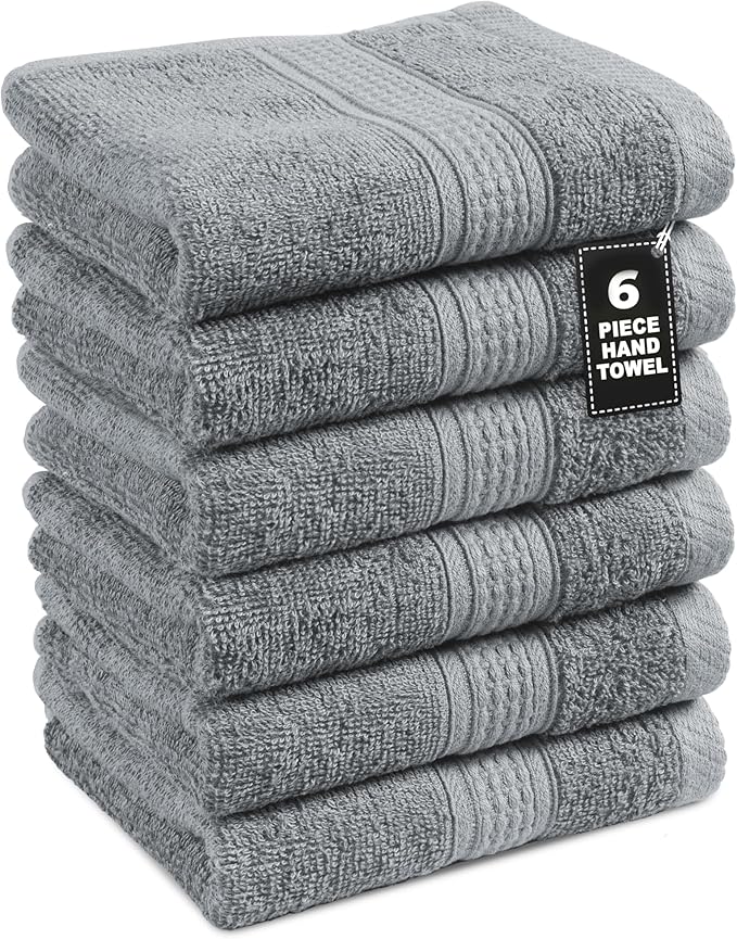 LANE LINEN Luxury Hand Towels Set of 6 (16"x28") - 100% Ringspun Cotton Hand Towel Set - Durable, Quick Dry, Ultra Soft & Highly Absorbent Hand Towels for Bathroom - Sustainably Produced - Cool Grey