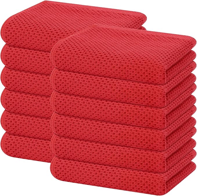 Homaxy 100% Cotton Waffle Weave Kitchen Dish Towels, Ultra Soft Absorbent Quick Drying Cleaning Towel, 13 x 28 Inches, 12-Pack, Red