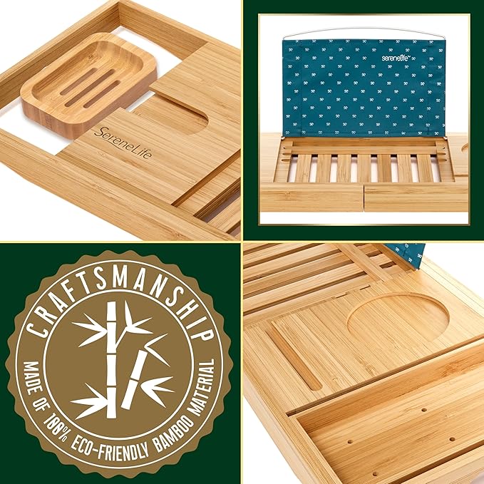 SereneLife Bathtub Tray - Expandable Bath Tray for Tub, Adjustable Bamboo Caddy with with Non-Slip Handles, Device Holder and Wine Glass Slot for Bathing Luxury (Standard, Soft Back, Gift Set)