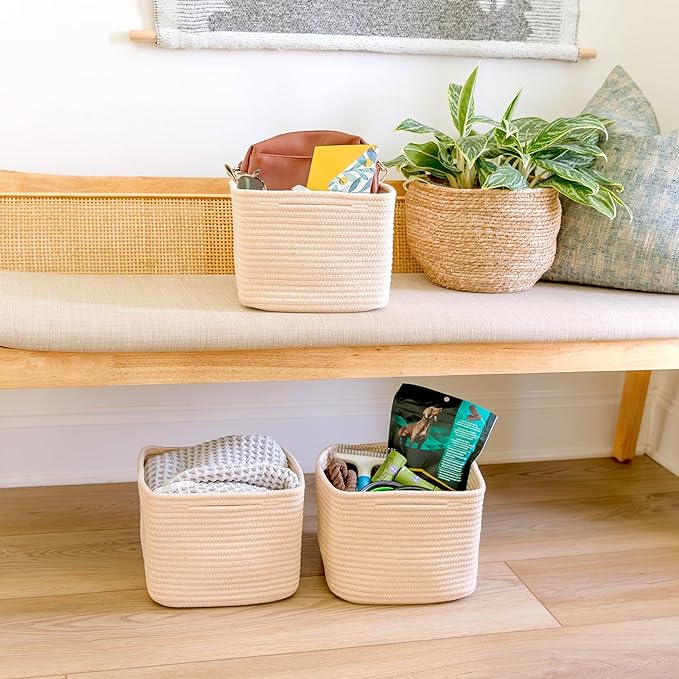 NaturalCozy Storage Cubes 9”x9”x7”Cotton Rope Woven Baskets for Organizing 3-Pack | 9 Inch Cube Storage Bin | Small Basket for Shelf Nursery, Pantry, Decorative Plant, Bathroom Closet, Toy Gift