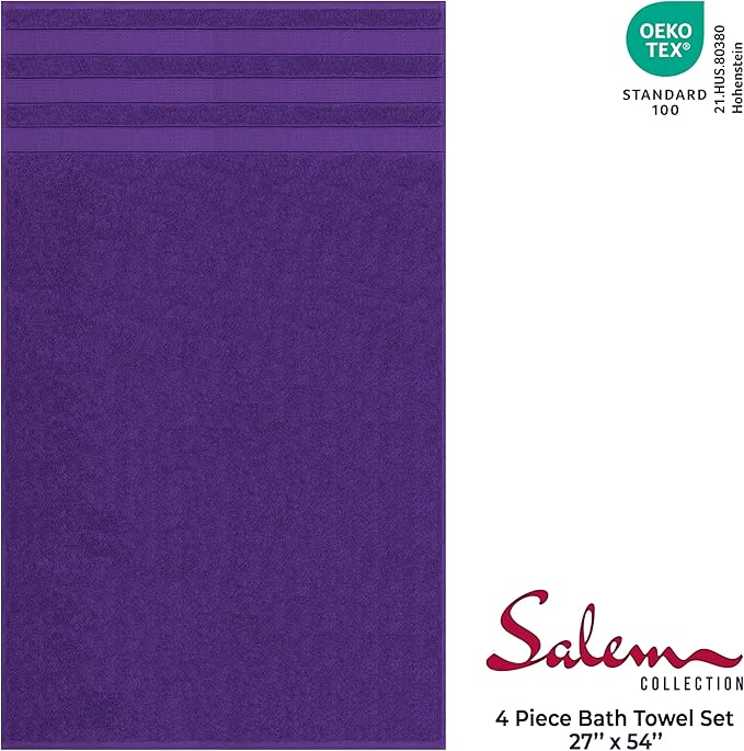 American Soft Linen Salem 100% Cotton Turkish 4 Piece Bath Towels for Bathroom, 600 GSM Soft Absorbent Quick Dry Bath Towel Set, Purple