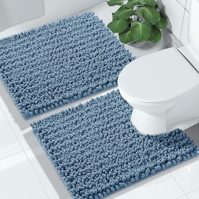 Yimobra Bathroom Rugs Sets 2 Piece - Quick Dry Extra Thick Luxury Chenille Bath Mat, Non Slip Super Absorbent for Tub Shower Sink, Machine Washable Shaggy Floor Mat, 24"x17+24"x20" Inch, Denim Blue