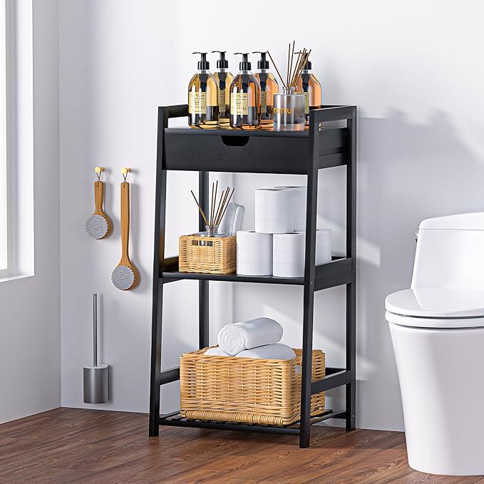 3 Tier Bamboo Bathroom Shelves with Drawer, Ladder Shelf for Bathroom Storage, Space-Saving Design, Stylish Display Nightstand, Stylish Storage Solution for Home, Living Room, Kitchen, Office