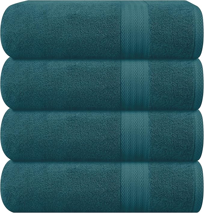 GLAMBURG Premium Cotton 4 Pack Bath Towel Set - 100% Pure Cotton - 4 Bath Towels 27x54 - Ideal for Everyday use - Ultra Soft & Highly Absorbent - Teal