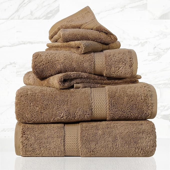 Superior Egyptian Cotton Pile 6 Piece Towel Set, Includes 2 Bath, 2 Hand, 2 Face Towels/Washcloths, Ultra Soft Luxury Towels, Thick Plush Essentials, Guest Bath, Spa, Hotel Bathroom, Latte