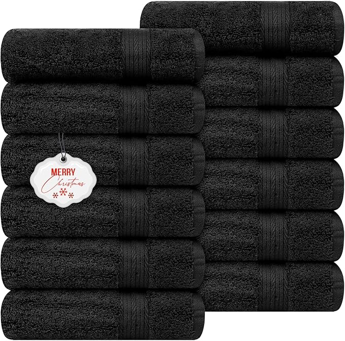 Ample Decor Hand Towel 18 X 28 Inch Pack of 12 600 GSM 100% Cotton, Soft Absorbent Thick Durable Premium Quality, for Hotel, Bathroom, Spa, Daily Use, Gym - Machine Washable - Black