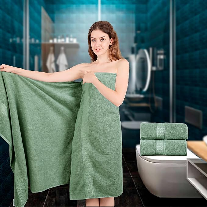 HILLFAIR 600 GSM- 40 x 80 Inches- 100% Cotton 2 Pc XXL Oversized Bath Towel Set- Soft Highly Absorbent Jumbo Bath Sheets Towels Sets- Quick Dry Oversized Sheets Towel Sets for Hotel Spa Pool- Sage