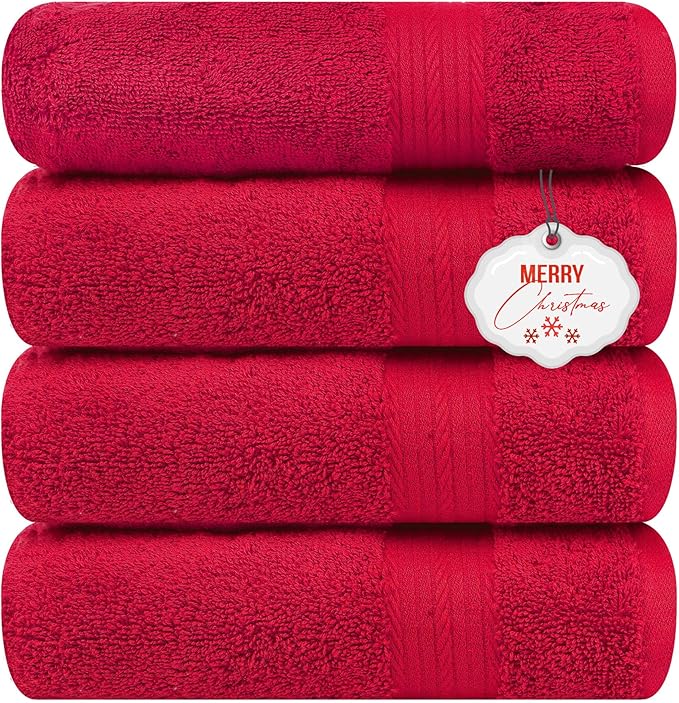 Ample Decor Bath Towel 100% Cotton 30 X 54 Inch 600 GSM Towels Bathroom Soft Light Weight - 4pcs - Christmas Red