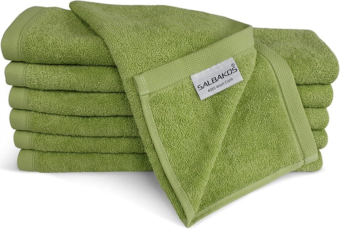 SALBAKOS 100% Turkish Cotton Washcloth Set of 12 13x13 inch | Heirloom Quality | Hotel & Spa Collection | Ultra Soft, Super Absorbent, Washcloth Towels | Made in Turkey (Green, 12 Washcloths)