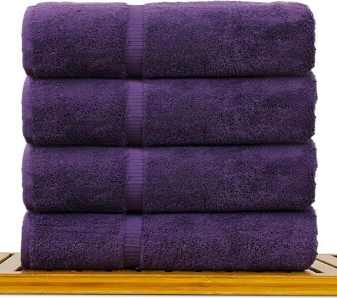 Luxury Hotel & Spa Collection Highly Absorbent, Quick Dry 100% Turkish Cotton 700 GSM, Eco Friendly Towel, for Bathroom Dobby Border Soft Bath Towel Set 27 X 54 -Plum, Bath Towels - Set of 4