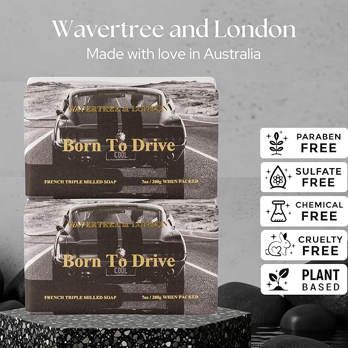Wavertree & London Born To Drive Scented Natural Soap Bars (2 Bars), 7oz Moisturizing French Triple Milled Soap Bars enriched with shea butter - Pure Plant Oil Bath & Body Bars for All Skin Types