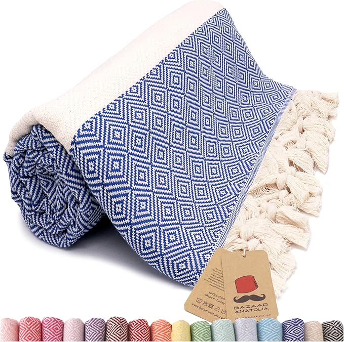 Bazaar Anatolia Turkish Beach Towel – 100% Cotton, Quick Dry, Sand Free Towel for Bathroom, Camping, Travel, Royal Navy – Oversized 71x39 Inches – Diamond Dark Blue