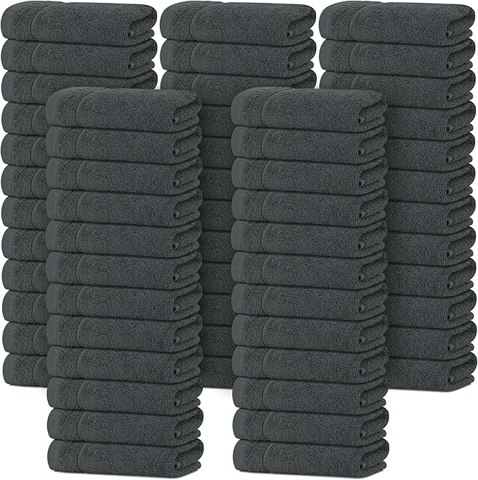 Tens Towels Pack of 60 Washcloths, 12 x 12 Inches, Lighter Weight, Quick to Dry, Super Soft & Absorbent, Gentle Face Towels, Hotel Quality, Perfect for Bathroom, Gym, Spa, Dark Grey