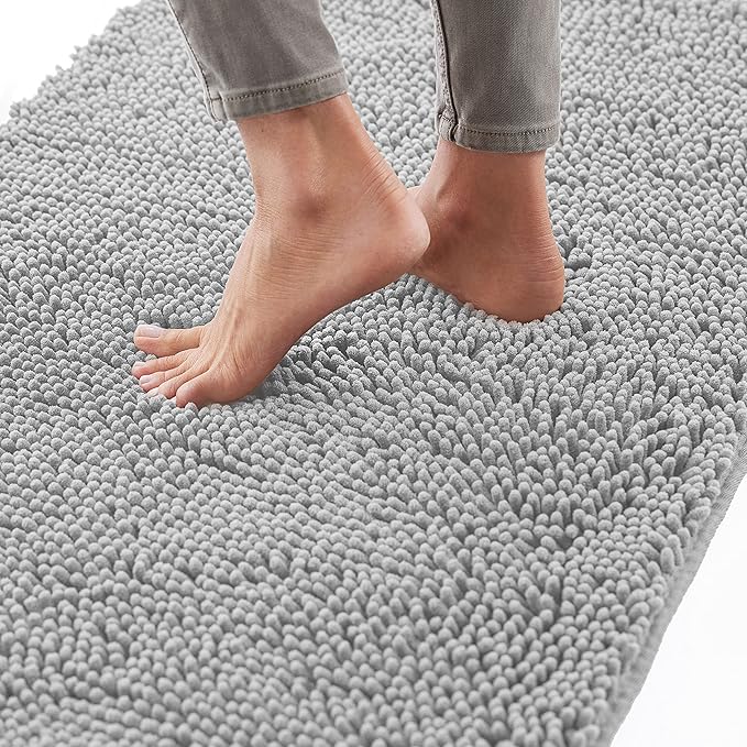 GORILLA GRIP Bath Rug Mat 60x17, Soft Absorbent Chenille, Quick Dry Microfiber Mats, Rubber Backing Washable Shower Floor Rugs, Bathmat Runner, US Designed Bathroom Home Decor Accessories Light Gray