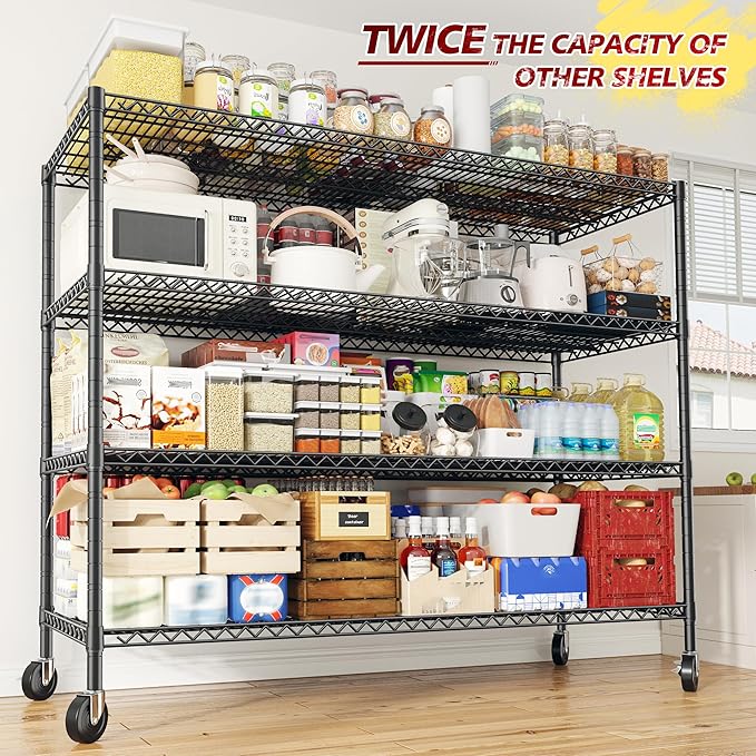 REIBII 55.5''W Storage Shelves 2500LBS Wire Shelving Unit with Wheels Heavy Duty Metal Shelves for Storage Adjustable Garage Storage Rack Pantry Shelf Kitchen Shelving, 75.6" H X 55.5''W X 24" D, 3PCS