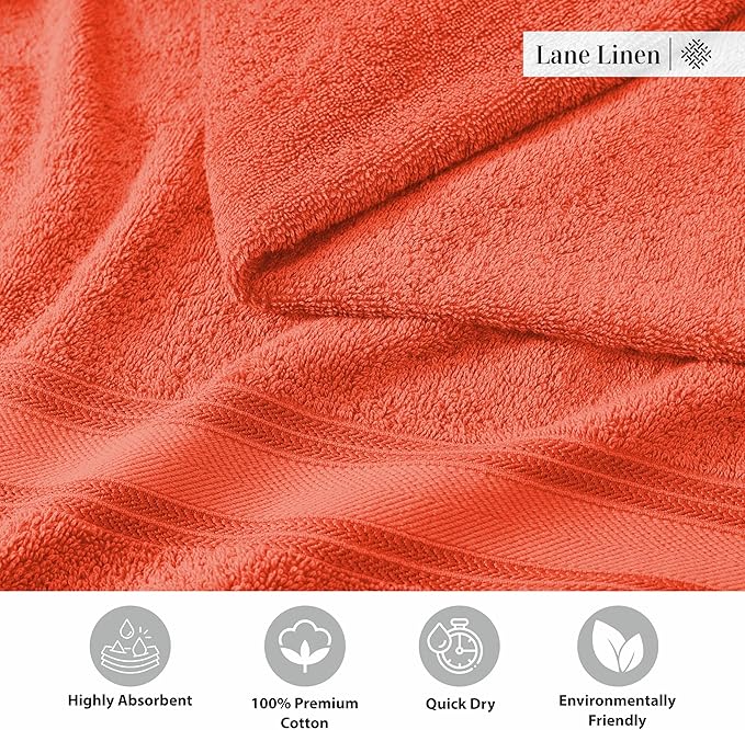 LANE LINEN 100% Cotton Zero Twist, Bath Towels (28"x54") - 4 Pieces - Large Towels for Bathroom - Quick Drying, Soft & Absorbent Large Shower Towel Set - Used in Gym, Hotel, Spa, Home - Living Coral