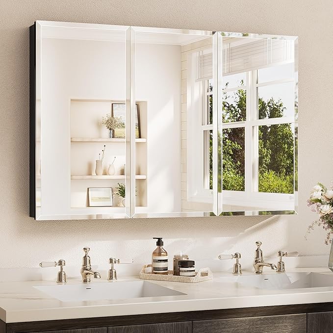 TETOTE 48 x 32 Bathroom Vanity Mirror Cabinet with Tempered Beveled Mirror Black Medicine Cabinet Aluminum Cabinet DTC Hinges, Stepless Adjustable Shelves, Recessed/Surface-Mounted