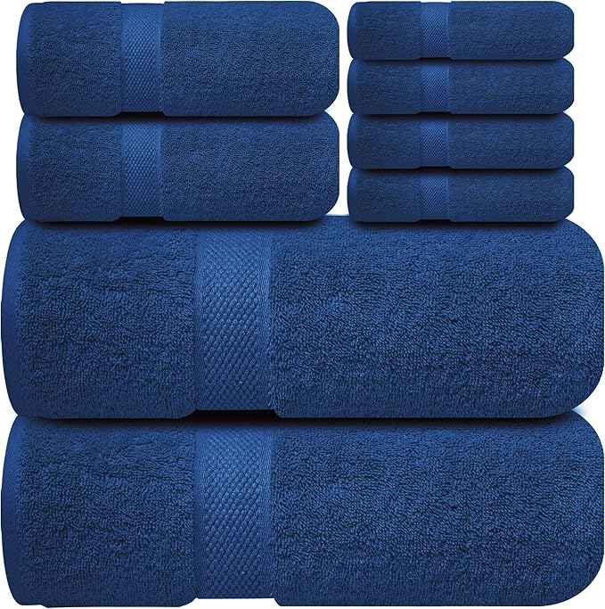 Infinitee Xclusives Luxury 100% Cotton Towel Set – 8 Piece Bathroom Towel Set (2 Bath Towels, 2 Hand Towels, 4 Washcloths) – Soft & Absorbent Towels for Bathroom (Tranquil Navy)